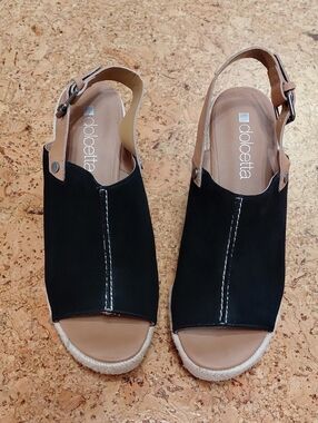 Dolcetta Selma Black & Tan Peep Toe Wedge Espadrilles Size 7.5